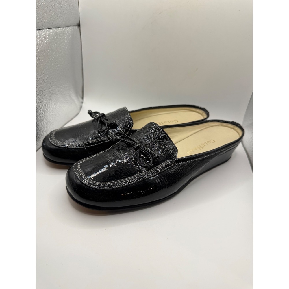 Cole Haan Black Patent Leather Wedge Mule Loafers Bow Detail Womens 7B